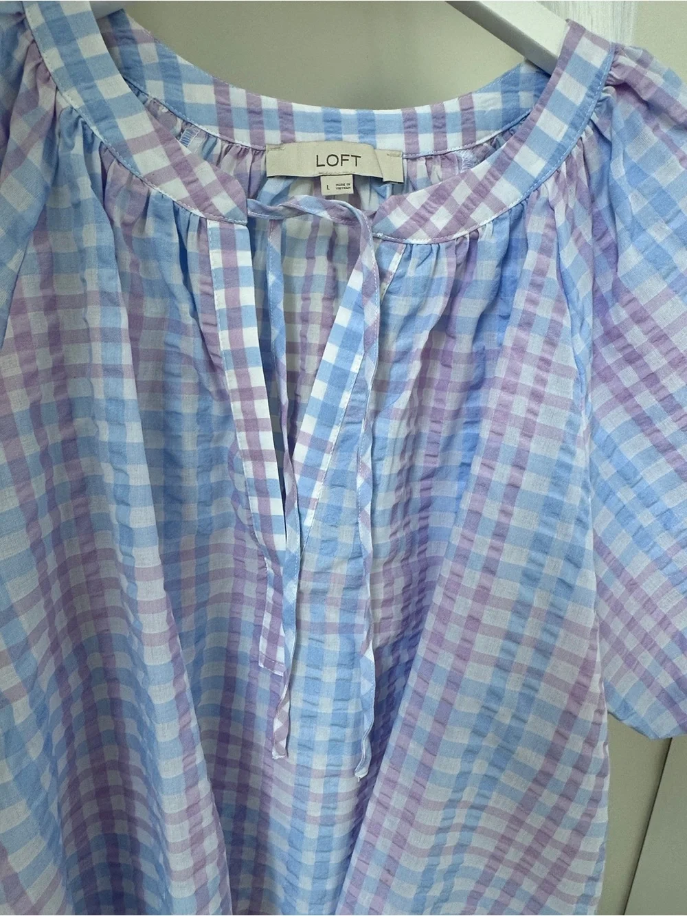 LOFT Lavender & Light Blue Gingham Puff-Sleeve Peasant Blouse Size Large